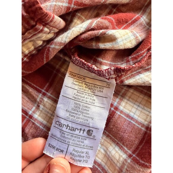 Carhartt Mens Red Plaid Long Sleeve Button-Up Shirt Size XL 100% Cotton Made In - Picture 4 of 8